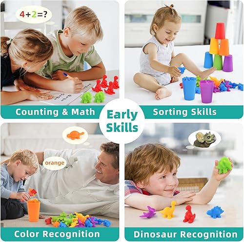 Miniatura 5 de Juguetes de dinosaurios mejorados para contar y clasificar, juego de dinosaurios a juego de clasificación de colores con tazas y dados apilables,