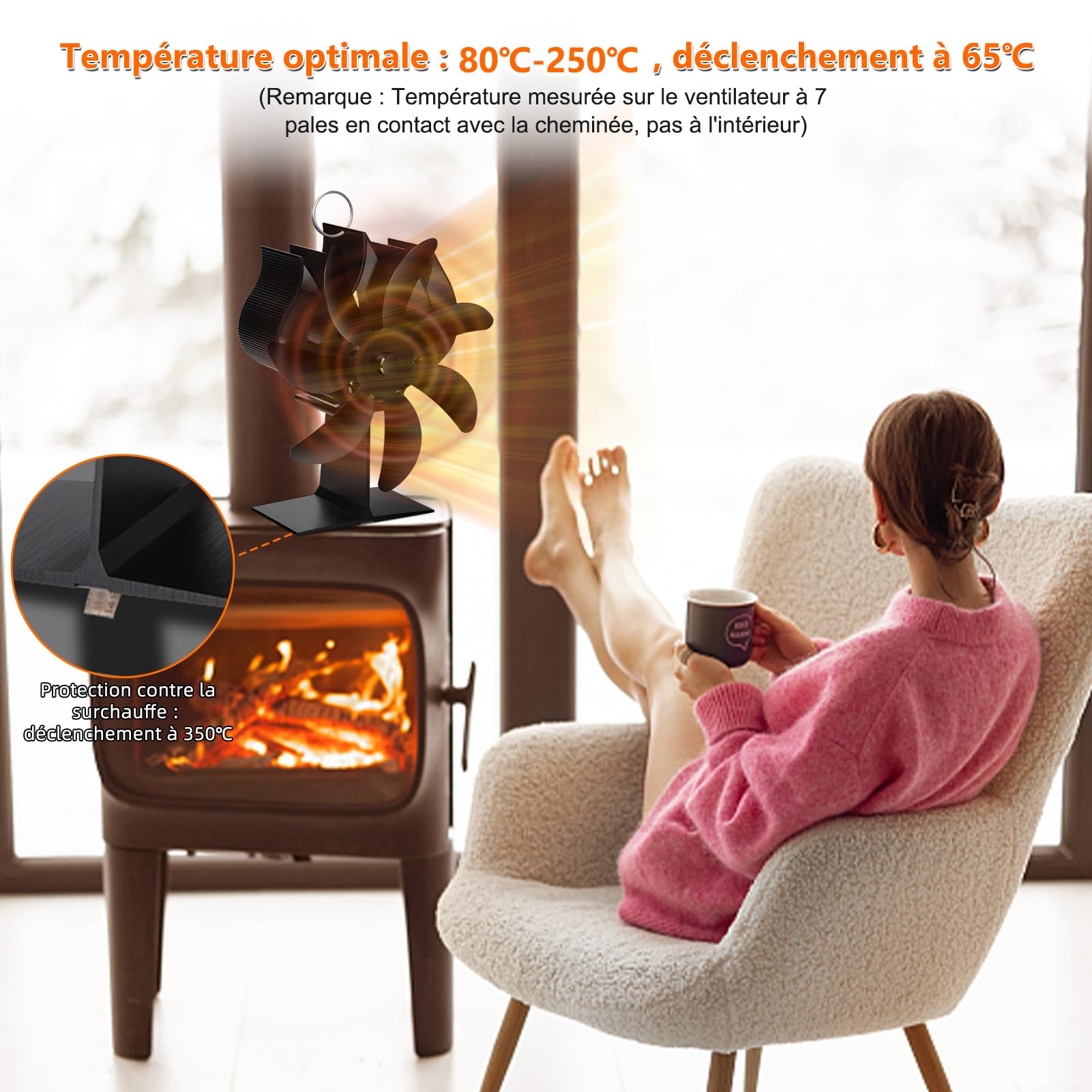 Nauotk Ventilateur Poele à Bois 7 Pages, Silencieux Ventilateur à Poêle avec Thermomètre, Écologique Alimenté Par la Chaleur, Ventilateur de Poêle pour Poele a Granulés,Foyer à Bois
