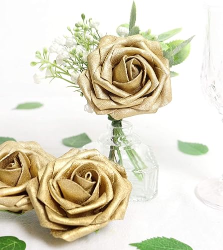 Miniatura 5 de Flores artificiales, 50 unidades, rosas doradas de aspecto real, rosas falsas con tallo para ramos de boda, centros de mesa, fiestas, baby shower,