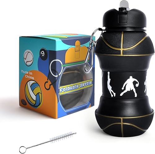Louis Donné Botella de agua plegable de silicona, botella de agua para niños pequeños, estilo de baloncesto negro, botella de agua de 19 onzas,