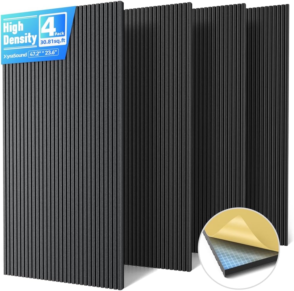 4 Pack Large Acoustic Panels Sound Absorbing with Self-Adhesive, 47.2”*23.6”*0.36” High Density Sound Proof Foam Panels for Walls, 3D Vertical Soundproof Wall Panels for Home Studio Office Decor-Black