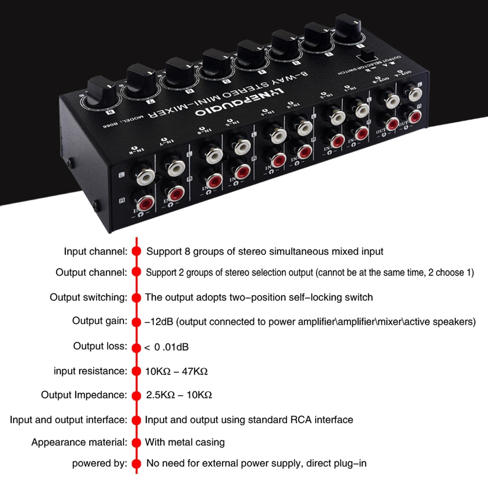 Conmutador AV de 8 Vías, Conmutador RCA, Conmutador de Impedancia de Altavoz, Selector de 8 Vías para Juegos