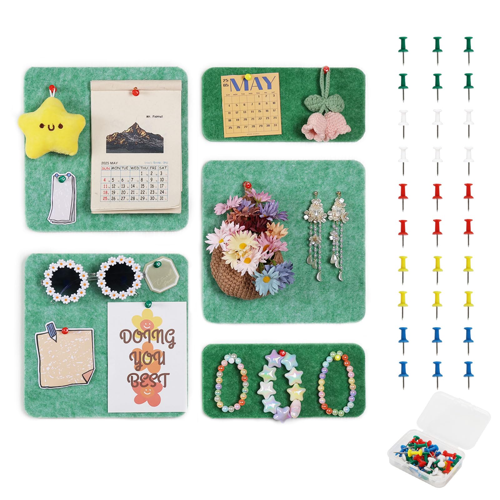 Pretty Jolly 5 pcs Felt Pin Boards DIY Bulletin Board for Walls Home Office Decor Self-Adhesive Felt Cork Board Strips Wall Decoration Memo Notice Board with 30 Pushpins_Style 4_Green Series
