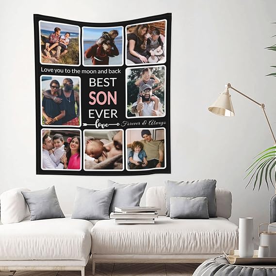 SHIYEL Gifts for Son Custom Tapestry Upload Image Customized Photo Picture Wall Hanging Backdrop as Wall Art, Personalized To My Son Birthday Memories Souvenir Tapestry for Best Son Ever, 8 Collage