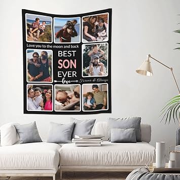 SHIYEL Gifts for Son Custom Tapestry Upload Image Customized Photo Picture Wall Hanging Backdrop as Wall Art, Personalized To My Son Birthday Memories Souvenir Tapestry for Best Son Ever, 8 Collage