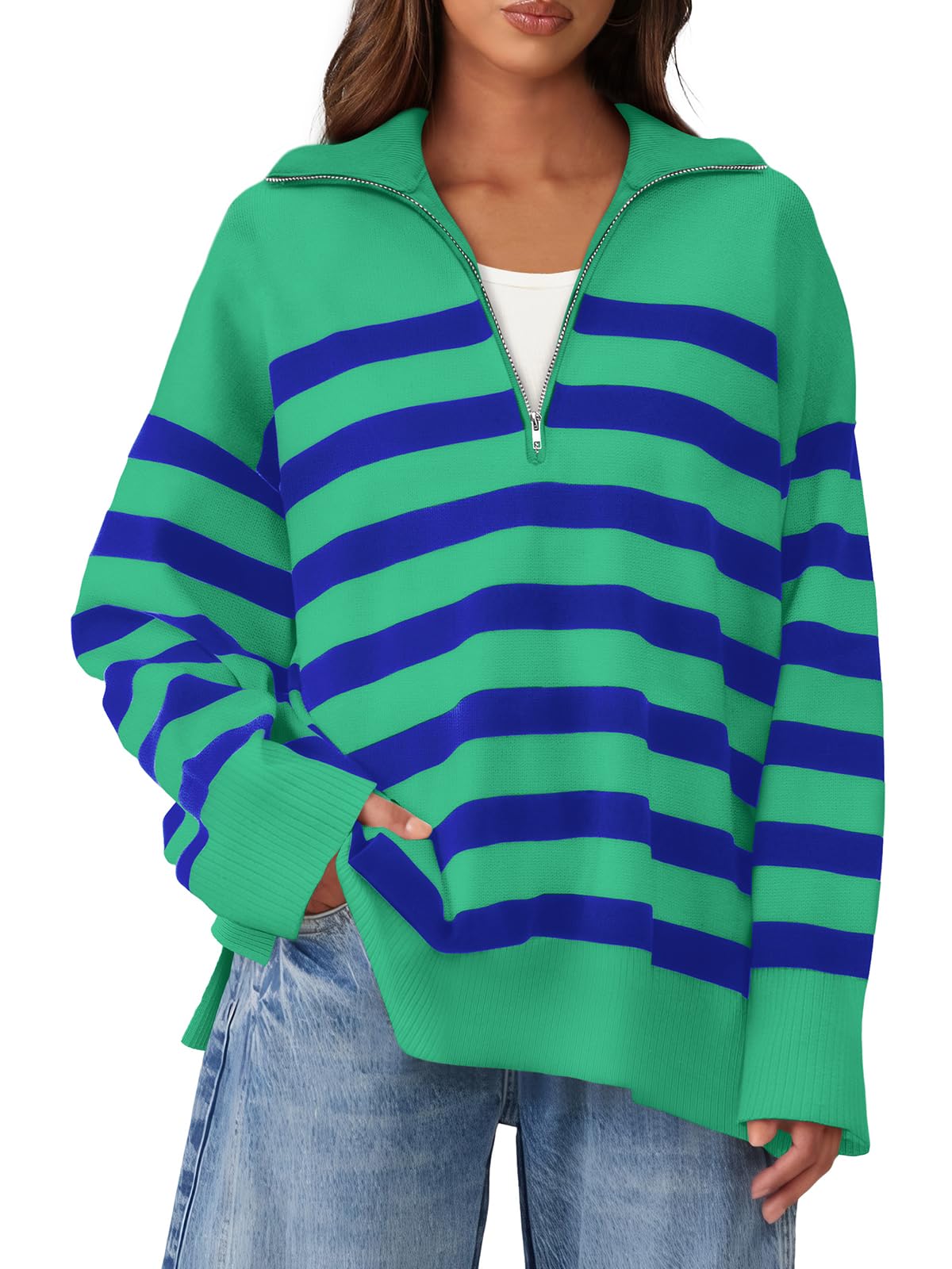 WIHOLLWomens Sweaters Long Sleeve Casual Half Zip Lapel Collar Stripe Pullover Tops Side Slit Sweaters Fashion Clothes