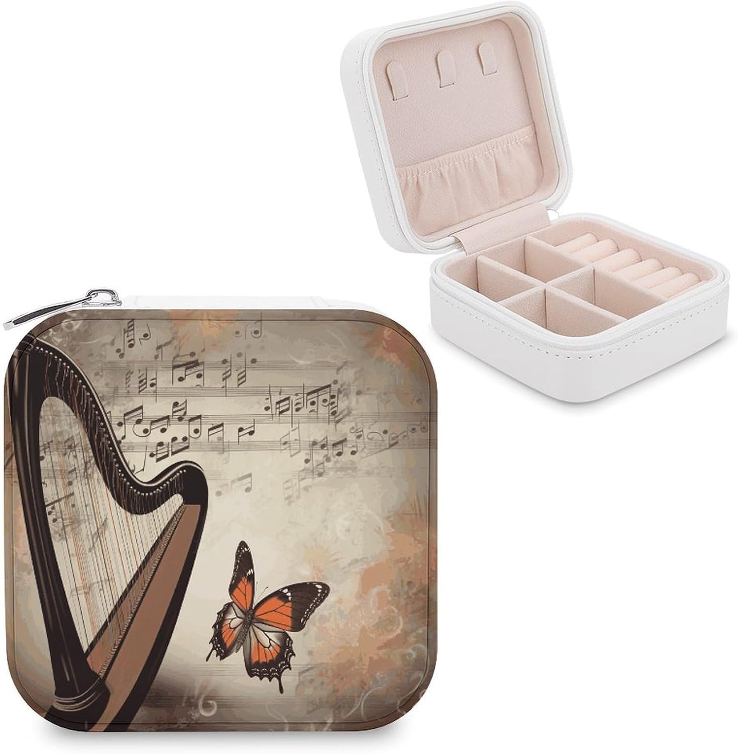 Music Background with Harp And Butterfly Jewelry Box Portable , Jewelry Organizers And Storage Case, Jewelry Storage for Rings, Bracelets, Earring Holder Organizer Storage for Travel Essentials