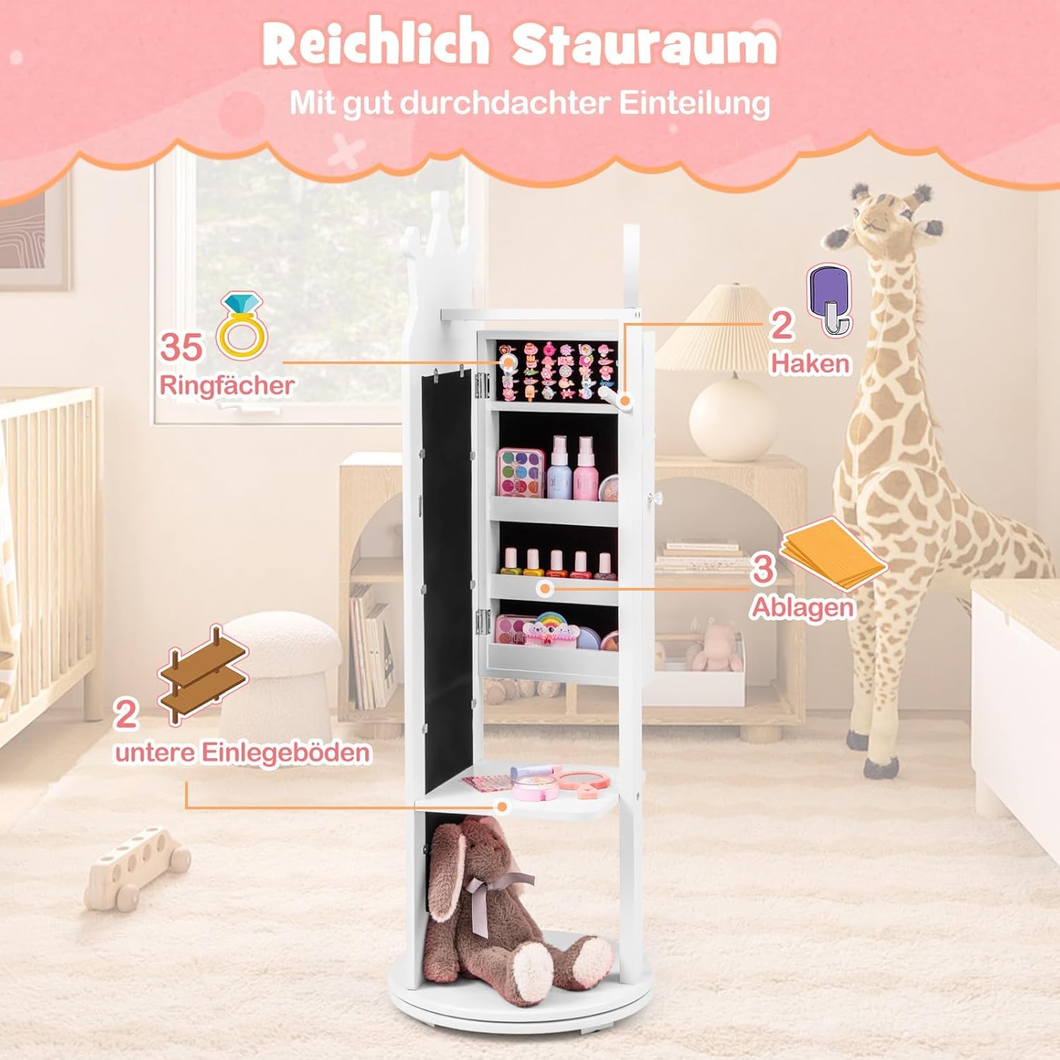 GOPLUS 2-in-1 kindersieradenkast, cosmetica-kast met full-body spiegel, 3 laden, 6 armbandhaken, 4 halskettingen, 4 opbergvakken en 18 sleuven, voor kinderen vanaf 3 jaar (wit, kroon