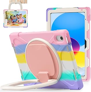 iPad 10th Generation Case 2022,iPad 10th Gen 10.9 inch Rugged Case with Screen Protector,Rotating Stand/Pencil Holder/Carrying Shoulder Strap (Ring Kickstand (Colourful Pink))