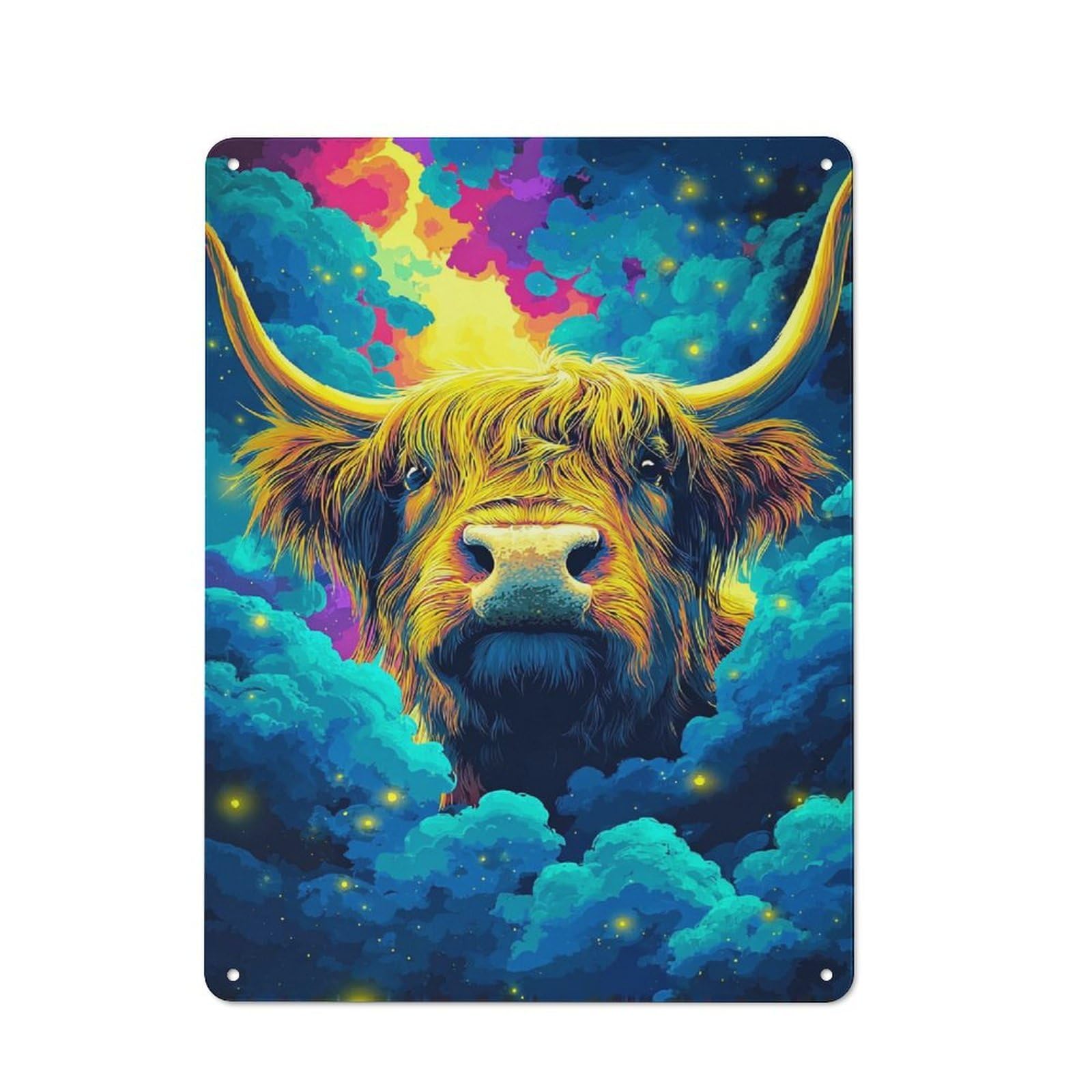 Junmoney Colorful Sky Highland Cow Artwork Tin Wall Plaque 40X30cm With For Home Bar Wall, A Decorative Christmas Gift For Hosts Who Enjoy Retro Interiors