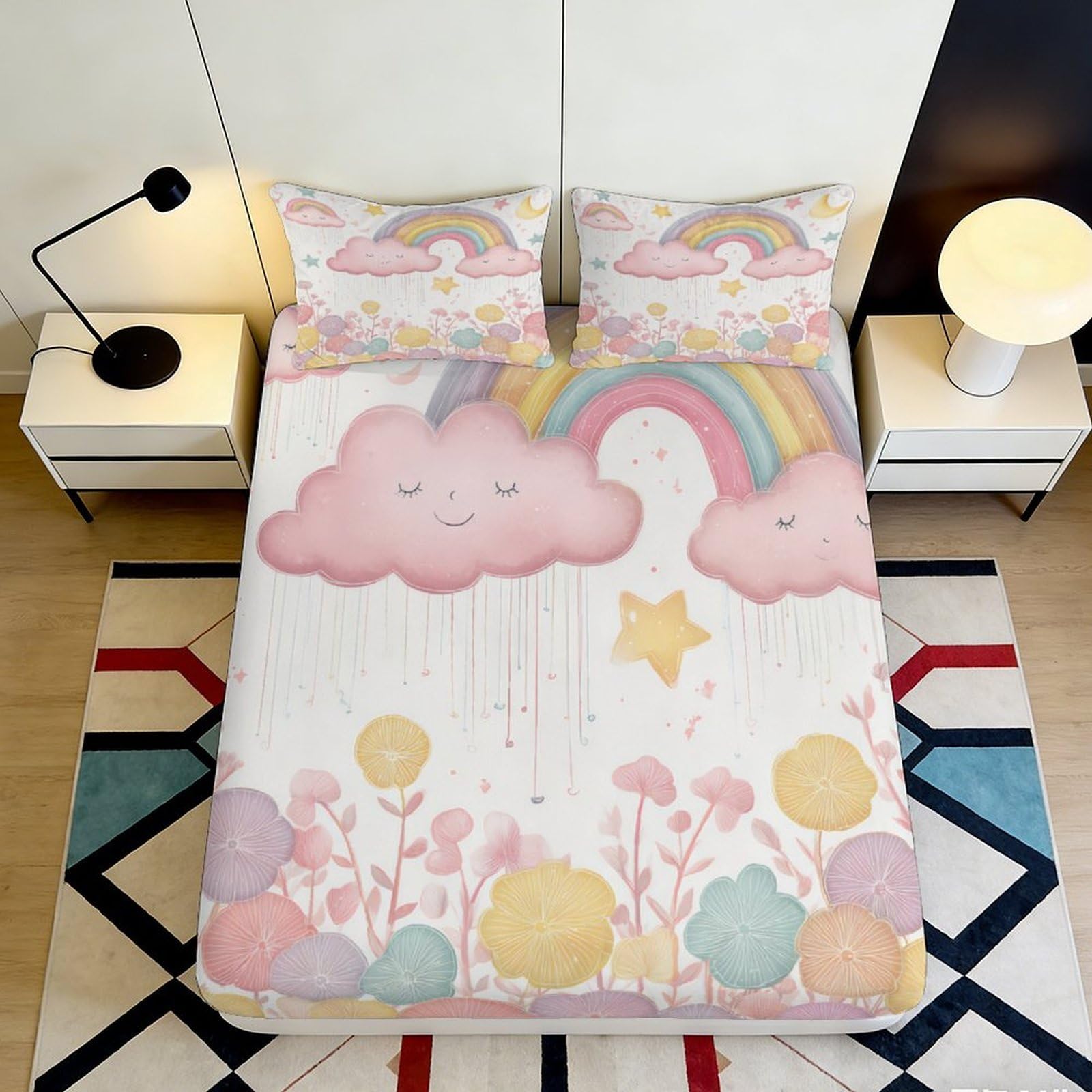 3D Printed Rainbow Cloud Fitted Sheet Microfiber Soft Breathable Floral Bed Cover for Bedroom Dormitory Guest Room Mattress Protection Decor 200x200x25cm