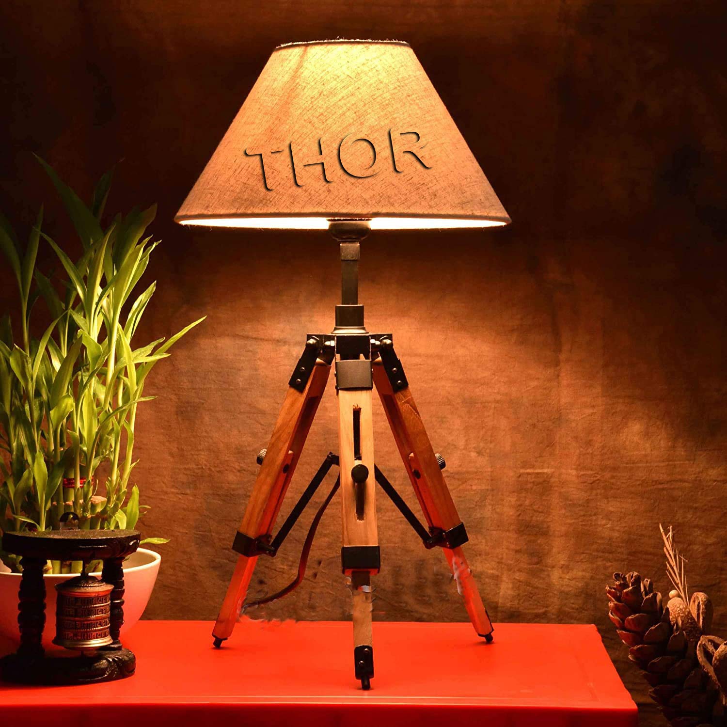 THOR INSTRUMENTS Vintage Tripod Table Lamp Adjustable Lamp Teak Wood for Home Decor (Lamp Shade Not Included) Rustic Vintage Home Decor Gifts