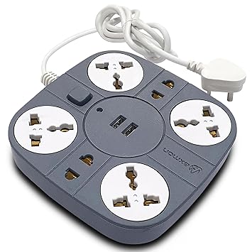 Axmon® Extension Board with USB | FIRE Proof | Shock Proof | 6 M Warranty | 2 USB Port 1 Type C | Universal 6 Socket 10 Amp | 6.2 FEET Long Cord | Extension Cord for Home Office- Grey - image, photos