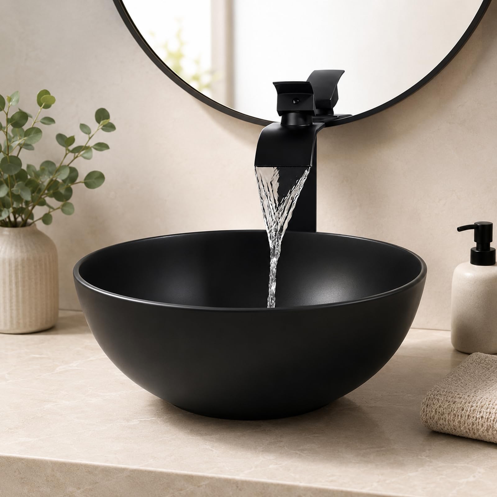 Lavabo de baño redondo negro – Lavabo de encimera de resina de piedra de 13 pulgadas con drenaje emergente, moderno lavabo de baño para el hogar y comercial