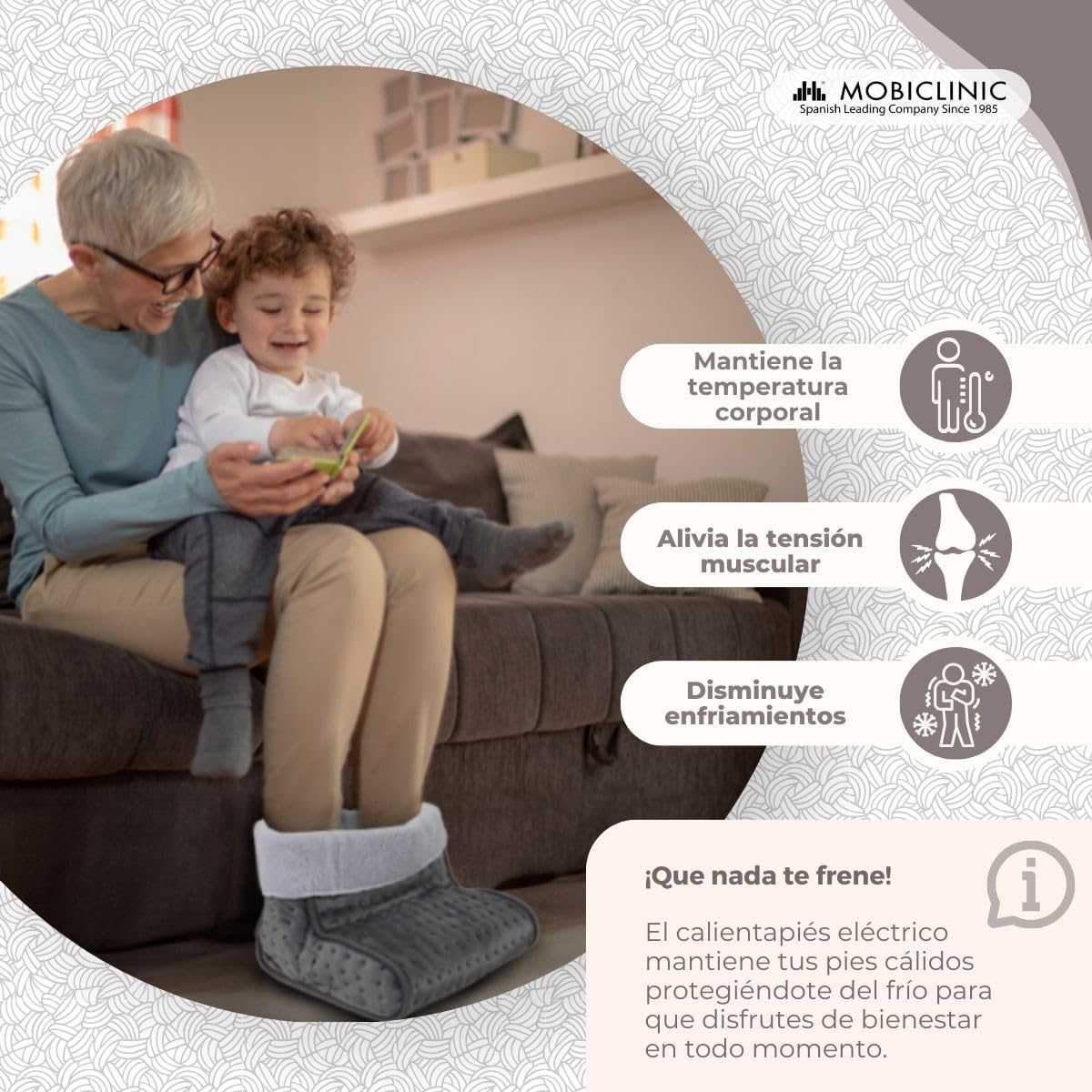 Mobiclinic, Calientapiés eléctrico, Muy bajo consumo, 100w, Apagado automático, Lana y vellón, Marca española, Forro interior fácilmente lavable, 3 niveles de temperatura, 30 x 24cm, Gris