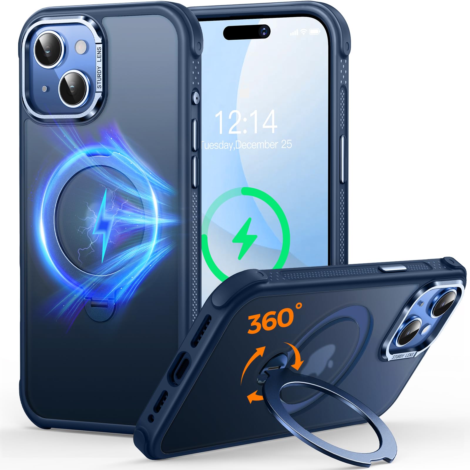 Custodia O3 Mag-Stand per iPhone 15 con Supporto a 360°,[Compatibile con MagSafe][Eccezionalmente Delicata Sulla Pelle]Sottile Eopaca Magnetica Traslucida 6,1", Blu Opaco