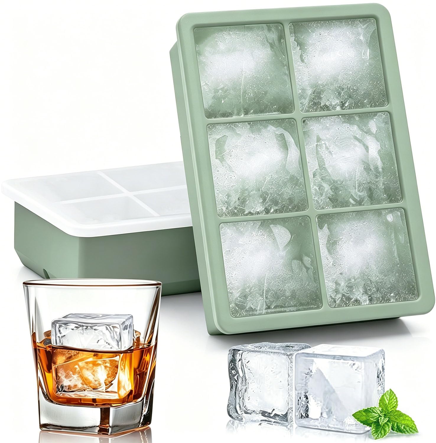 Azxb Large Silicone Ice Cube Tray (2-Pack), Easy Release 5 cm Big Ice Cubes - Cocktail, Whiskey Ice Cubes Mold - Ice Trays for Freezer with Lid Leak-Proof- Stackable Silicone Ice Tray