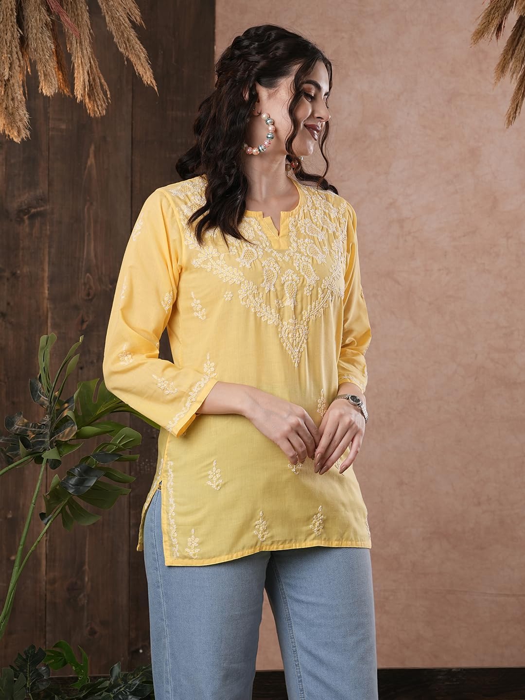 Ada Hand Embroidered Indian Chikankari Straight Cotton Tunic Top Kurti Shirt for Women A509732 (Yellow, 3X-Large) - Image 2