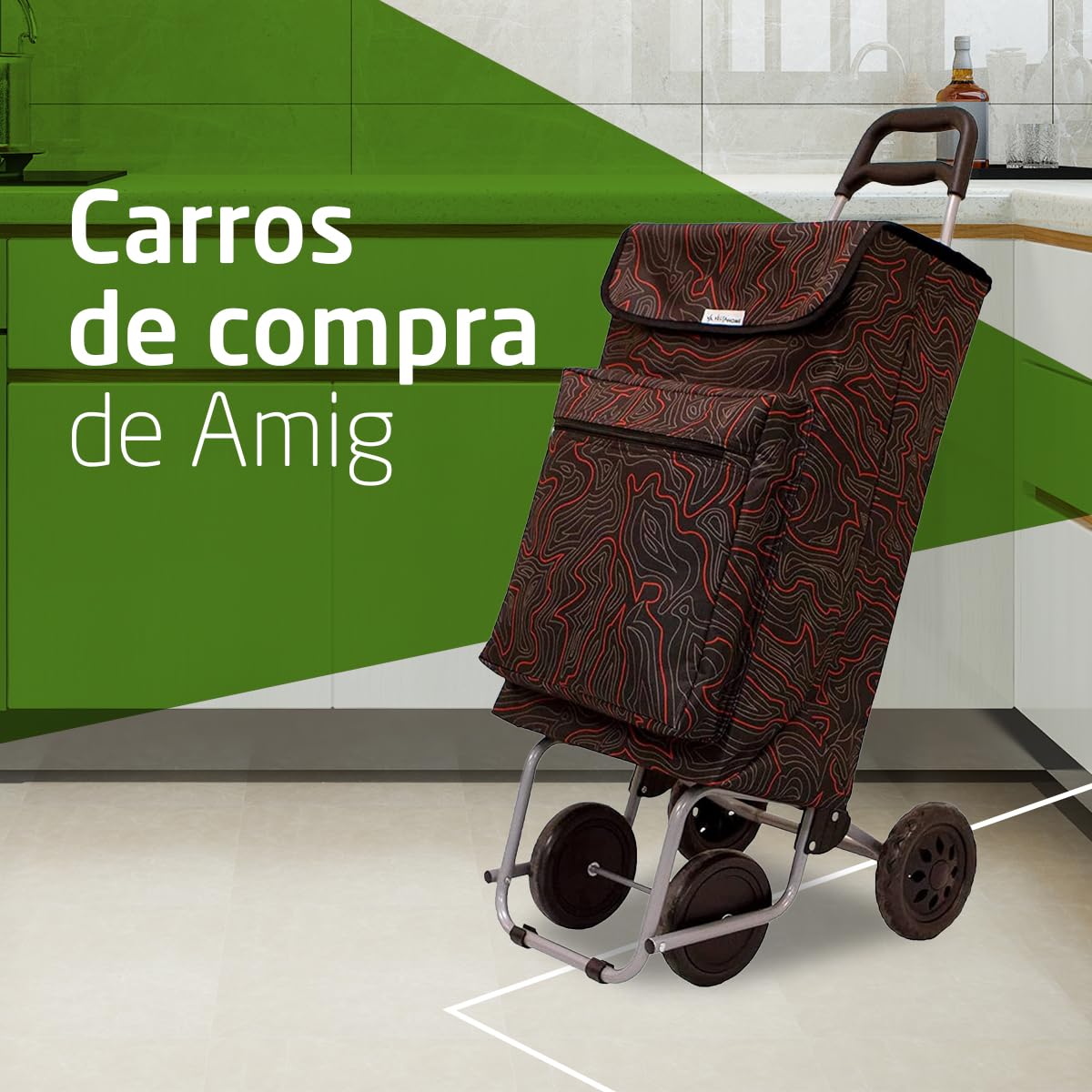 Amig - Carro de la Compra de 4 Ruedas - Bolsillo Exterior para Congelados - Carga Máxima 15kg - Capacidad de 48 litros - 22x40x106 cm - Negro
