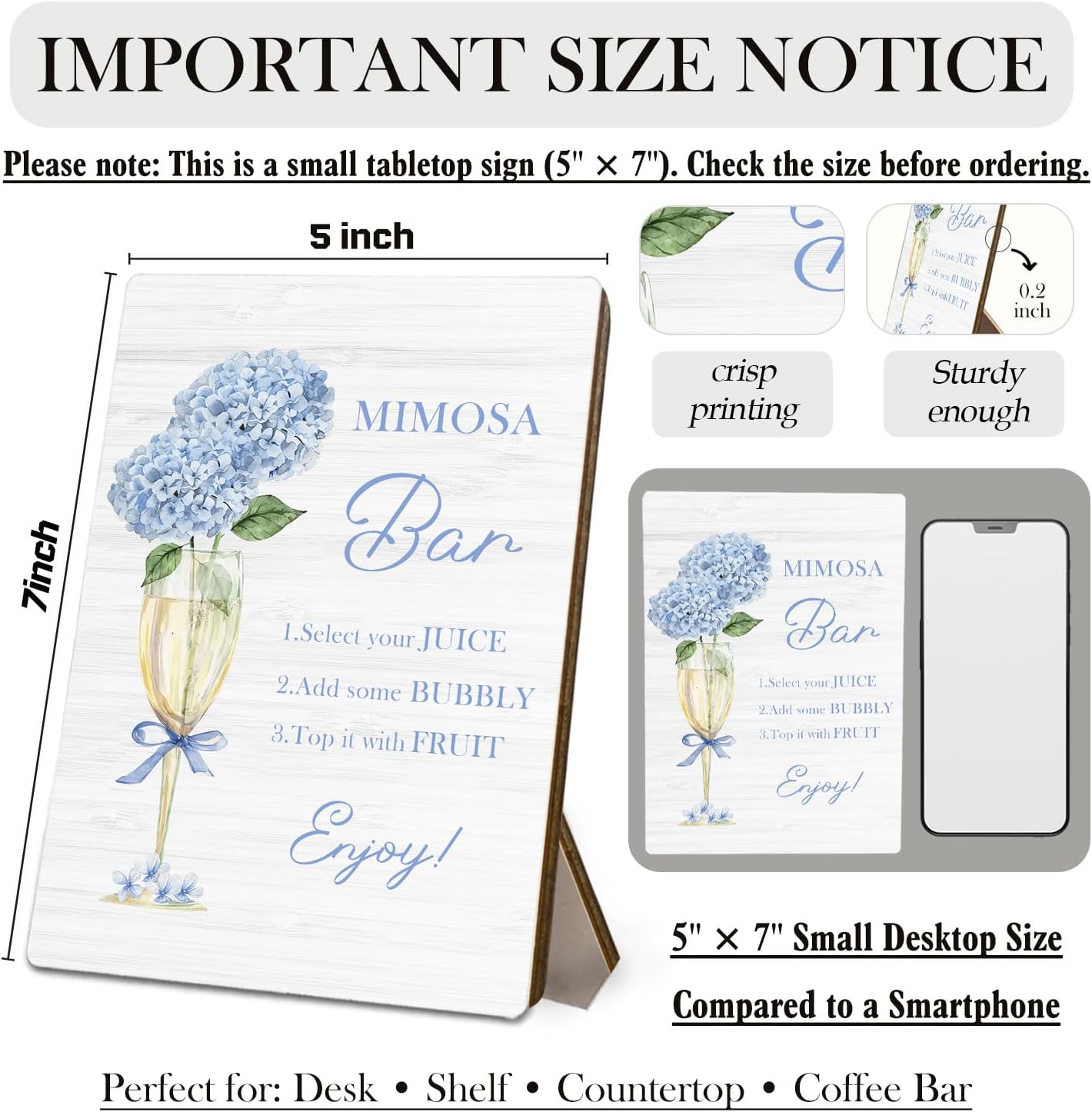 Mimosa Bar Sign, Blue Hydrangea Wedding Mimosa Bar Wooden Stand Sign 5x7 Inch, Wedding Bubbly Signs for Baby Bridal Shower Engagement Party Brunch Dessert Tabletop Desk Decorations image 2