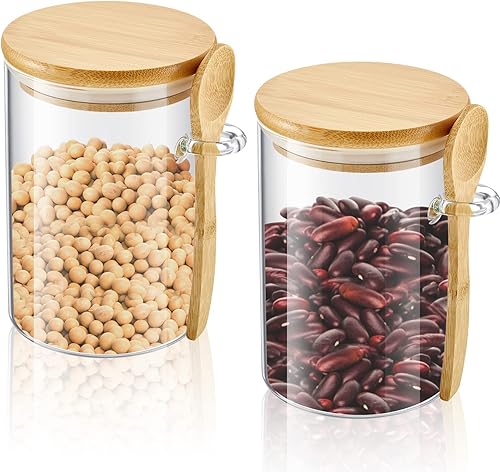 Juego de 2 tarros de vidrio herméticos con tapas de bambú y cucharas recipientes de vidrio tapa sellada contenedor de azúcar recipientes de café
