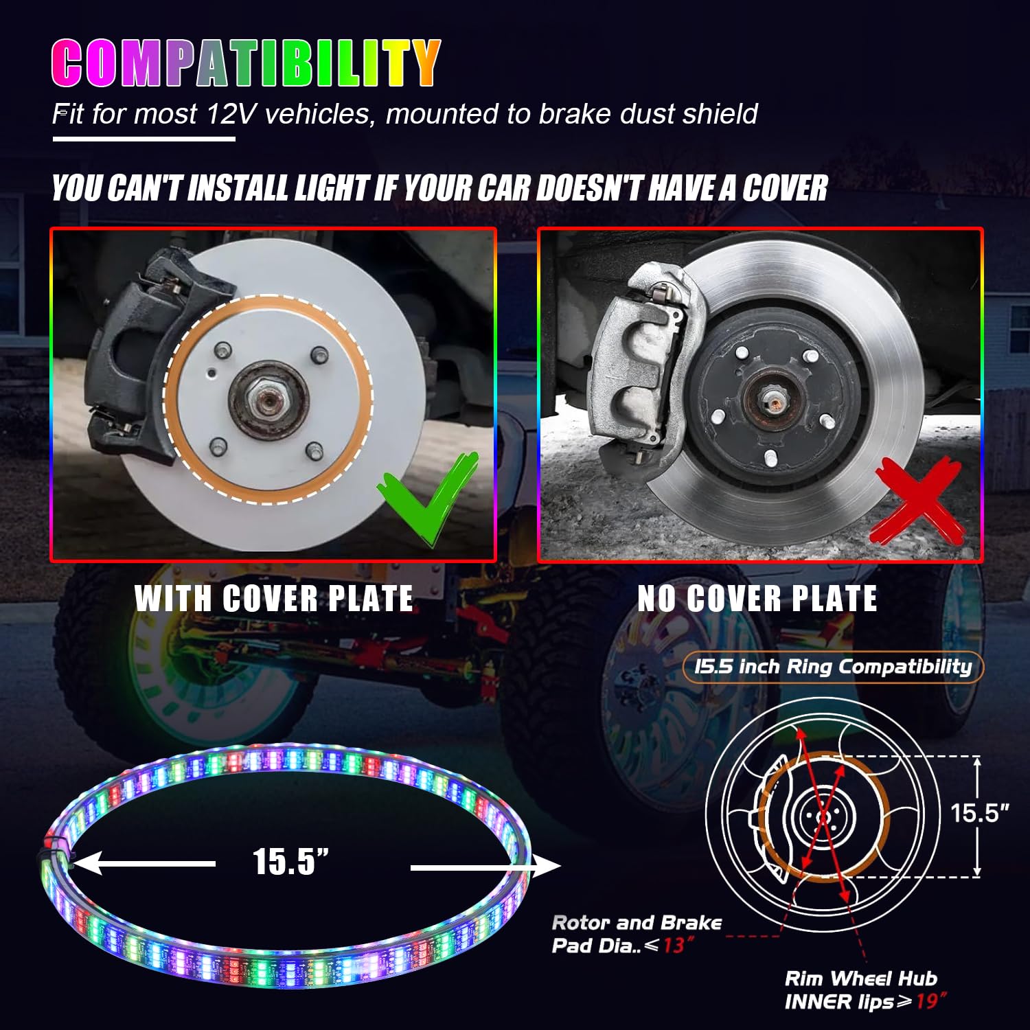 Nicoko 15.5in Color Chasing 6 Rows Wheel Ring Lights, Multicolor Tire Wheel Rim Light with Remote/APP Control IP67 Waterproof Ring Light for Truck Off-Road ATV SUV Pickup
