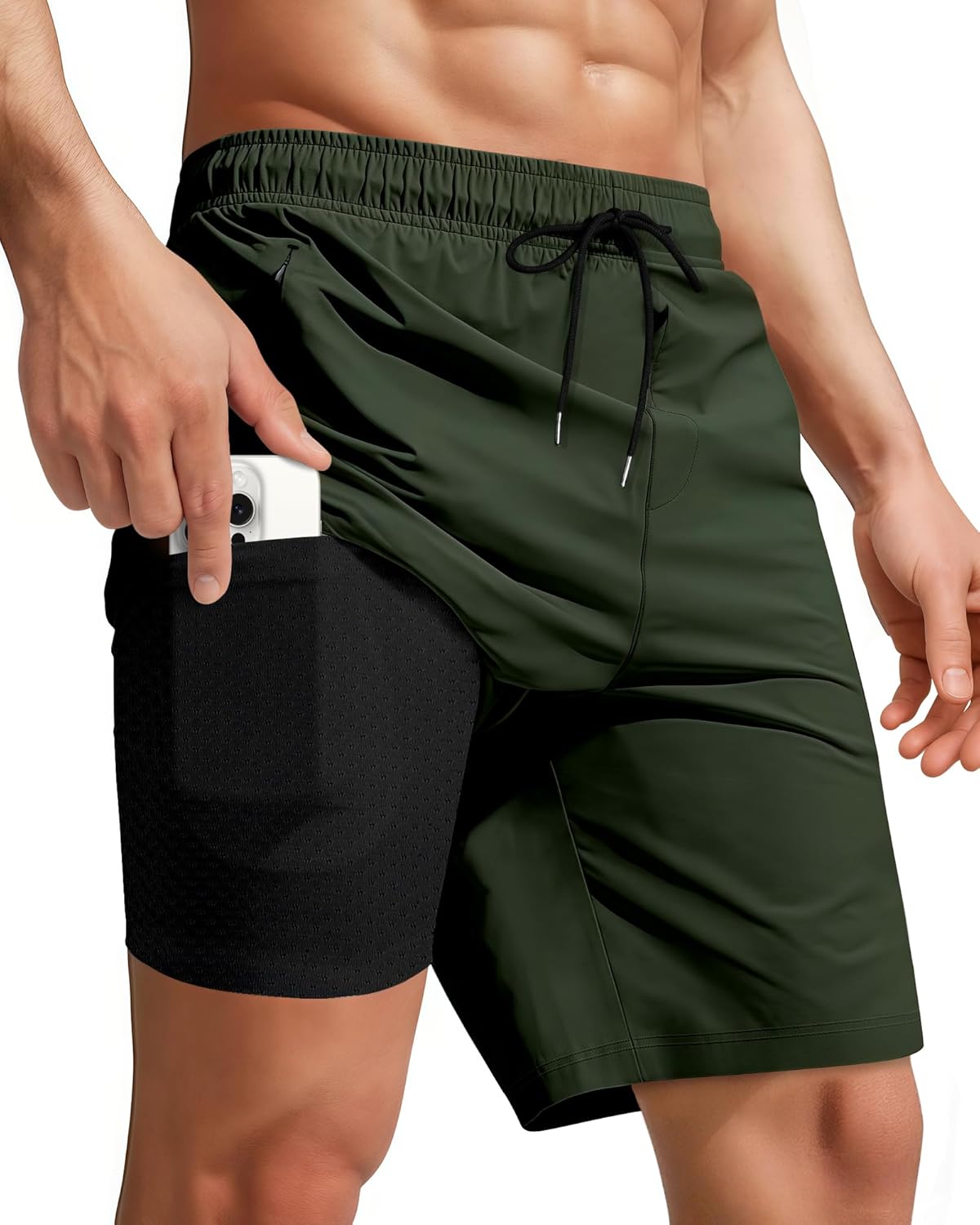 Men Swim Trunks with Compression 9 Inches Breathable Liner Quick Dry Zipper Pockets for Board Beach Gym Running