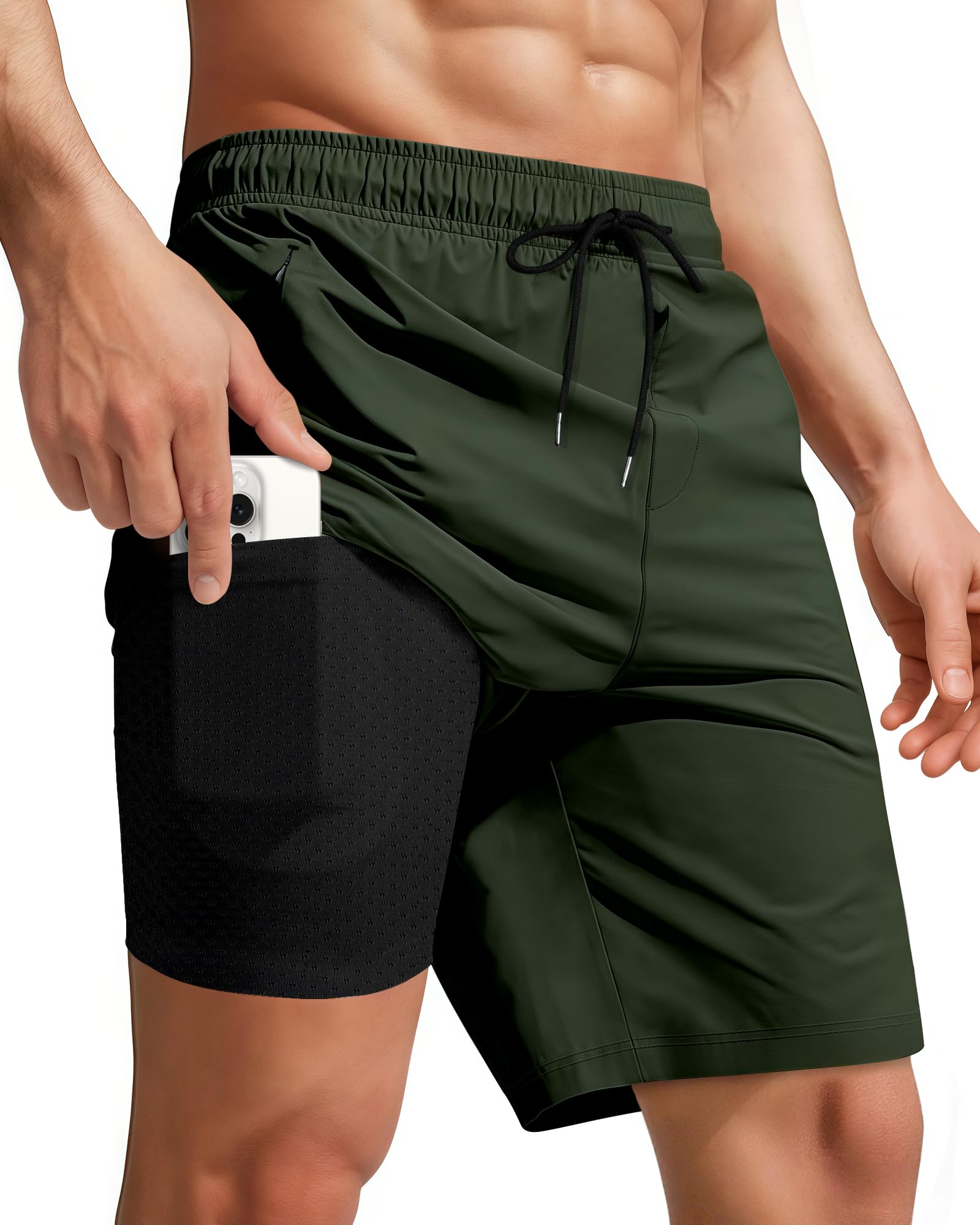 Men Swim Trunks with Compression 9 Inches Breathable Liner Quick Dry Zipper Pockets for Board Beach Gym Running