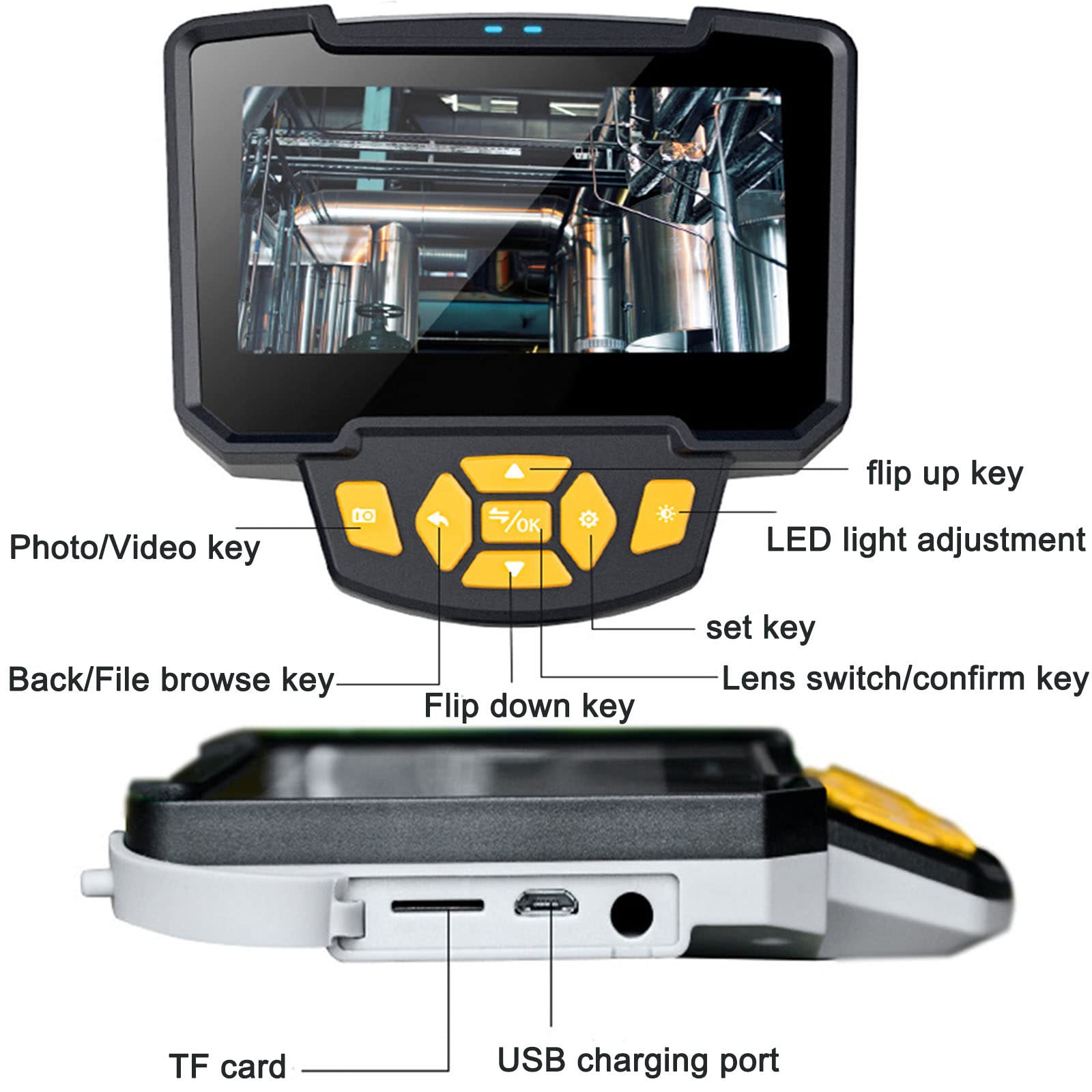 Kontrola Boroskopu,PrzemysłOwa Kamera Endoskopowa 8 Mm 1080p 4,3 "Ekran Lcd Z Wodoodporną Kamerą Ip67 6 Diod Led, Endoskop Z Dwoma Obiektywami 2600 Mah DziałAjąCy Przez 3 Godziny,10m