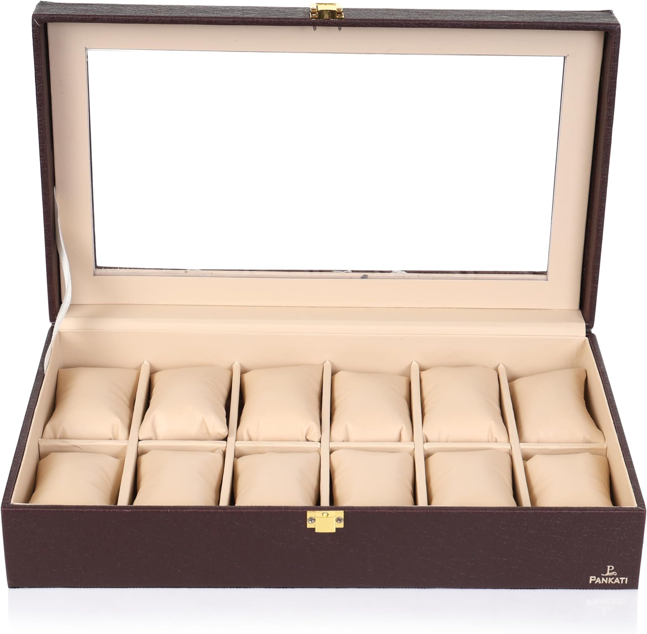 Watch Storage Box Organizer with Faux Leather Finish, 15 X 8 X 3.25 Inch, Faux Leather