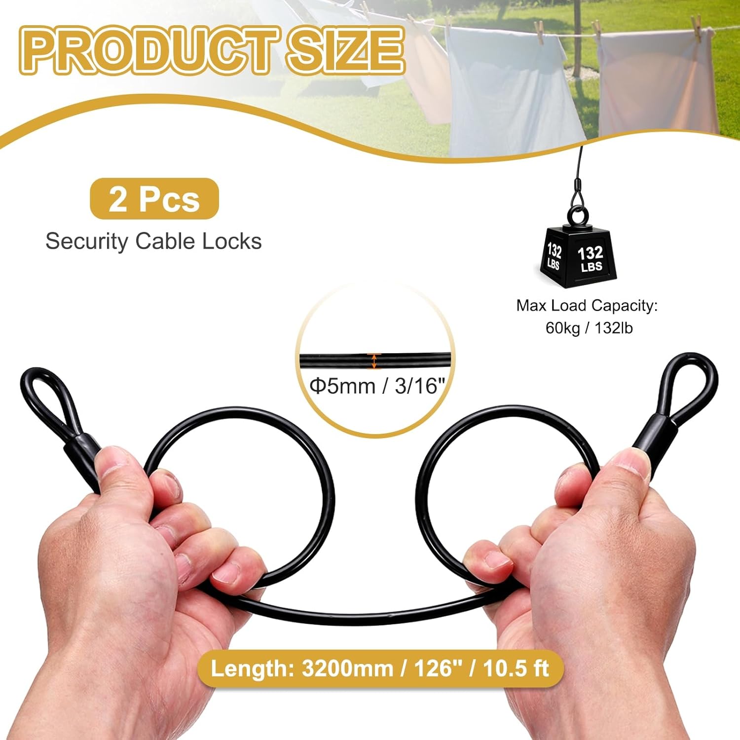 PATIKIL Security Cable Lock (3/16" Dia 10.5ft 132lb Load Capacity, Black) (2 Pcs) Vinyl Coated Stainless Steel Double Loops Flexible Wire Rope Safety Cable Luggage Lock Suit for - Outdoor