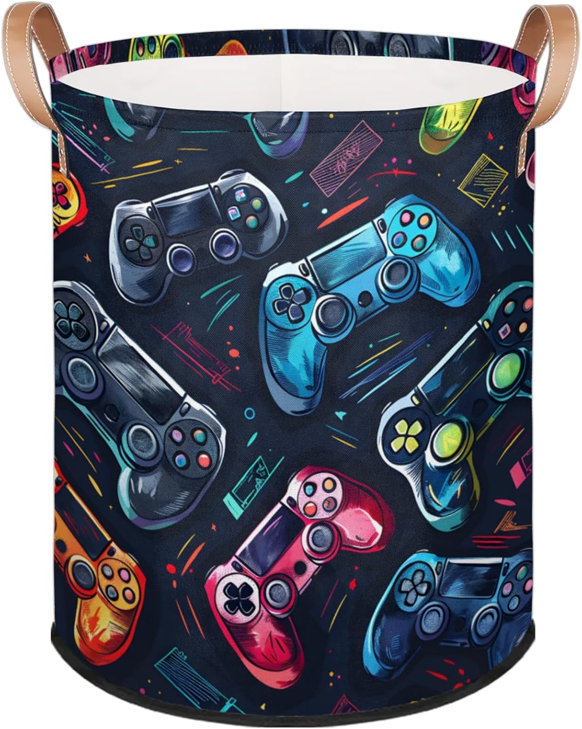 Bardic Large Laundry Basket Gaming Theme Laundry Hamper with Leather Handle, Game Controller Collapsible Organizer Basket Freestanding Tall Clothes Hamper for Bathroom Bedroom Living Room