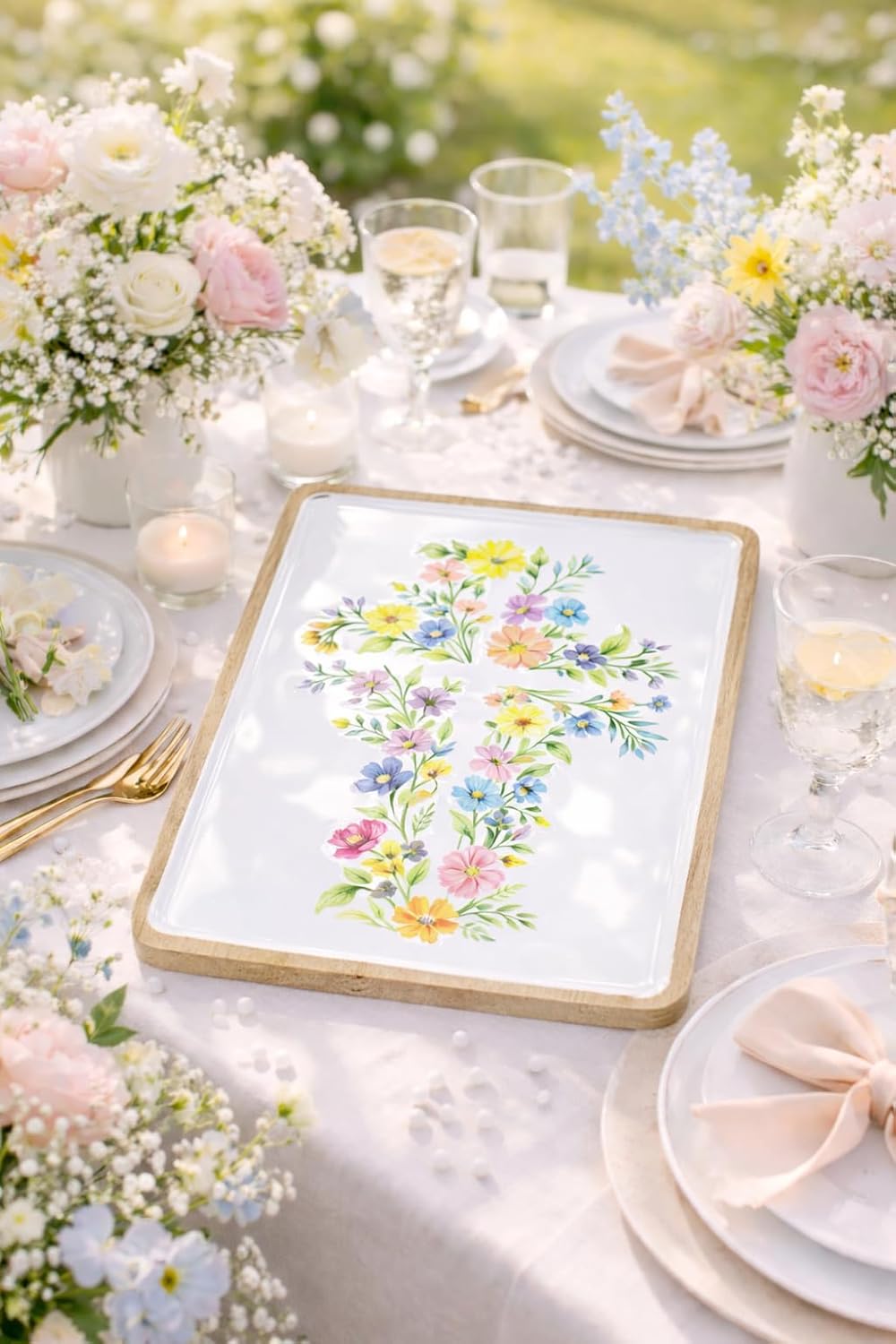 10 x 13 Inch Mango Wood Easter Serving Tray, Bunny or Cross Spring Charcuterie Board, Food Safe Decorative Wood Tray, Easter Decor, Spring Hostess Gift (Floral Cross)