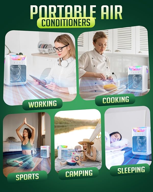 Portable Air Conditioners, 3 Wind Speeds & 7 LED Lights Evaporative Personal Air Cooler, 4 in 1 Portable AC with 650 mL Large Water Tank, Mini Air Conditioner for Bedroom/Car/Home/Camping/Room by Meteralla - Image 6