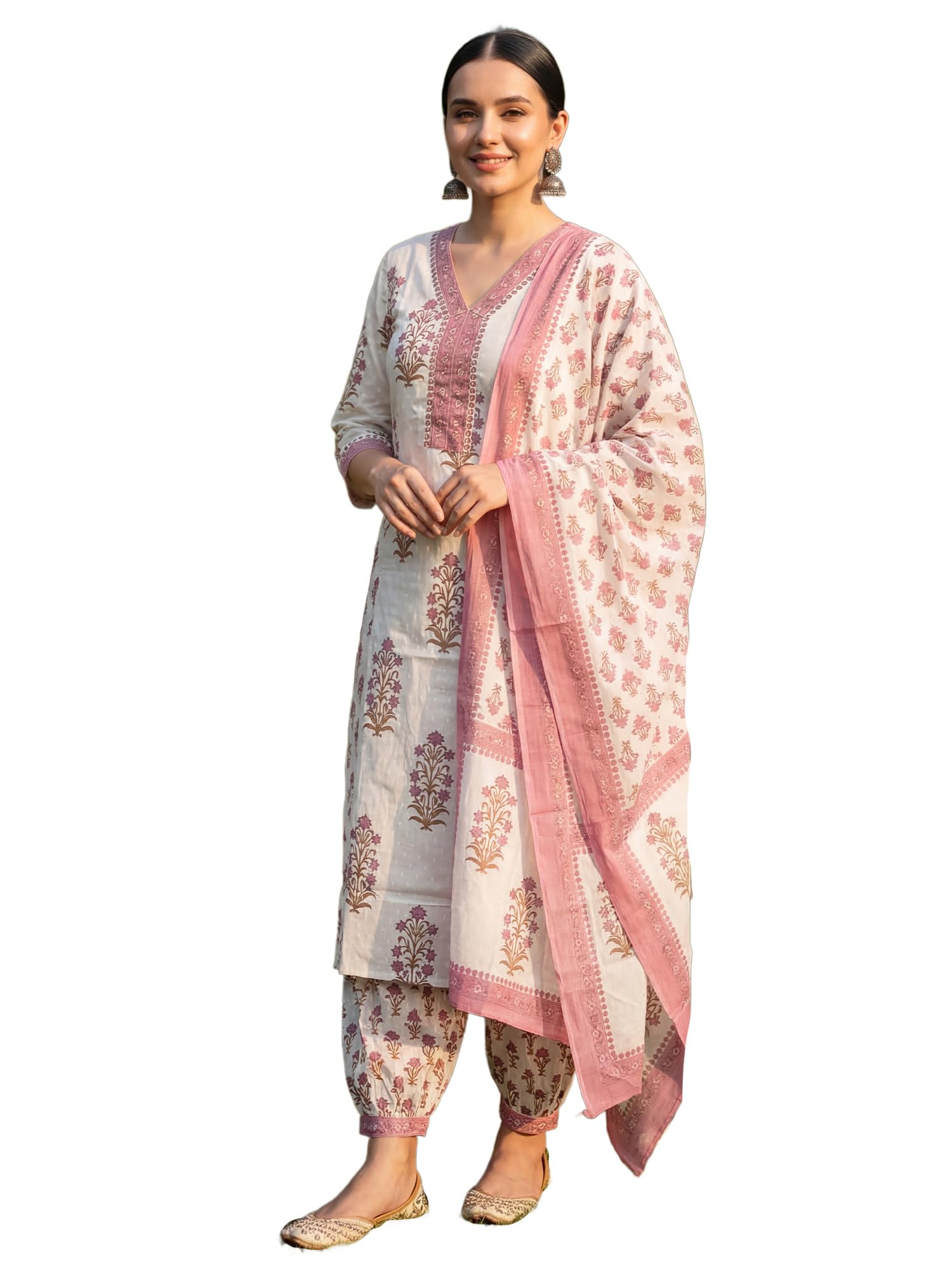 indo era Women's Pure Cotton White Floral Printed Sequinned Straight Kurta & Salwar with Dupatta Set-picture-28