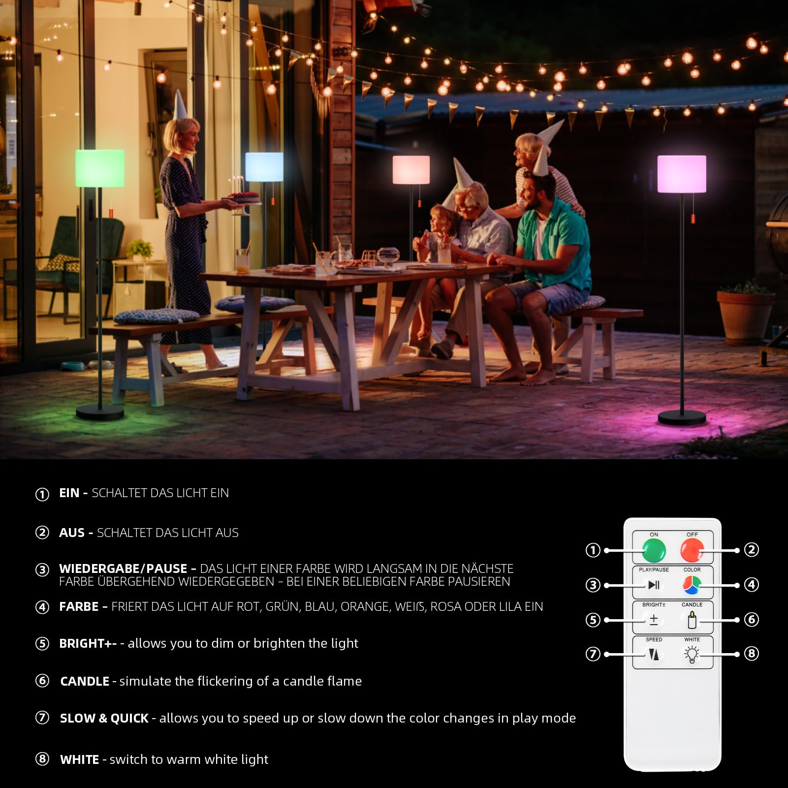 MALUX Lámpara de pie solar para exteriores con sensor de luz, regulable, blanco cálido y batería RGB, lámpara de pie inalámbrica, recargable por USB, IP44, resistente al agua, para jardín, terraza