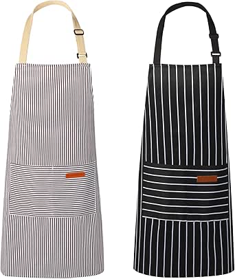 2 Pack Kitchen Aprons with Pockets, Adjustable Unisex Chef Aprons for Men and Women