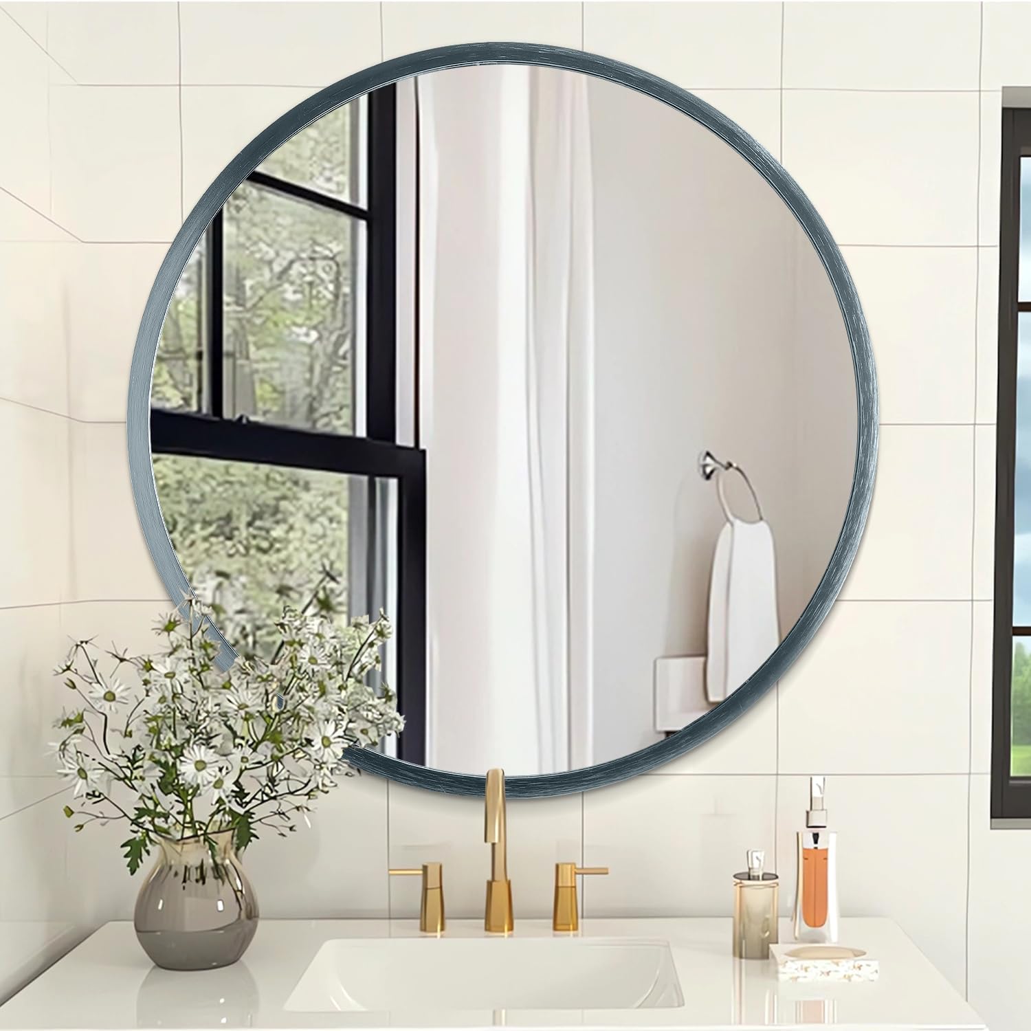 AOAOPQ Round Modern Turquoise Aluminum Metal Frame Wall Mount Bathroom Mirror, 15.7\"L x 15.7\"W