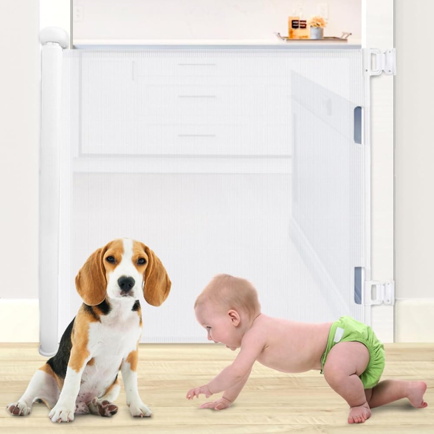 DLux Retractable Baby Gate - 83 x 139 cm Durable Mesh Extra Wide Baby Gate for Your Child, Kid and Pet's Safety - Easy Install Dog Gate for Stairs, Doorways, Hallways, Indoor & Outdoor Walls (White)