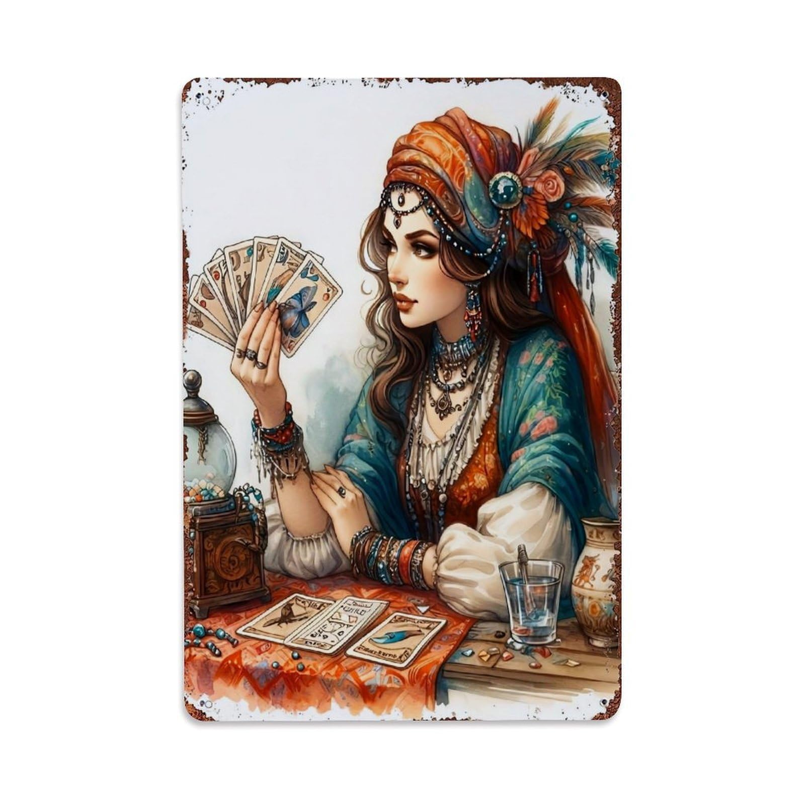 Jdfenggu Vintage Mystic Tarot Card Reading Scene Retro Metal Tin Sign, Metal Poster For Bar, Home, Man Cave, Kitchen, Laundry Room Art Decor 8X12 Inch