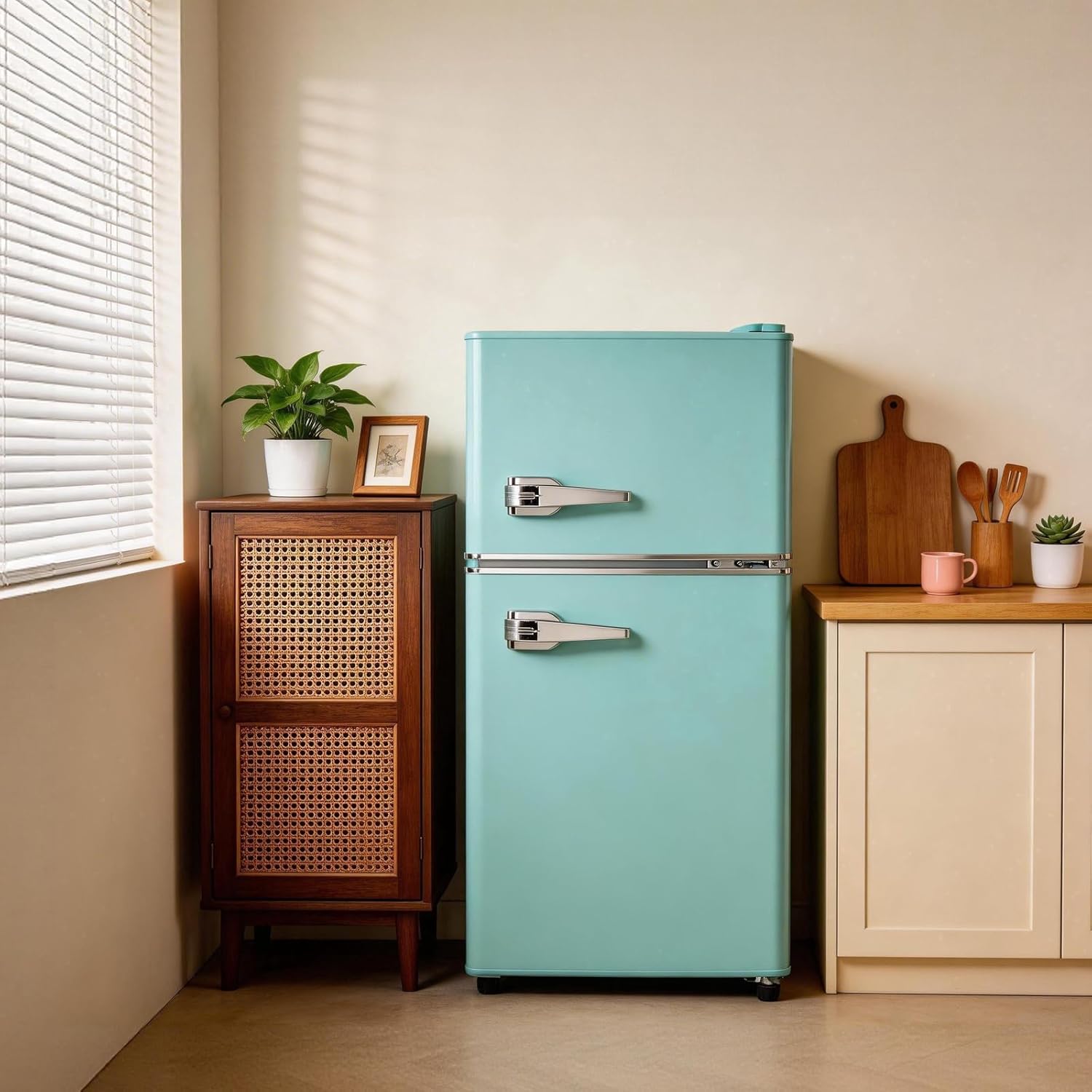 Cucina Magica Mini Fridge for Bedroom, 3.2 Cu.Ft Mini Fridge, Retro Refrigerator with Adjustable and Removable Double Doors, Suitable for Office, Bedroom, Dormitory or Cabin, Tiffany Blue