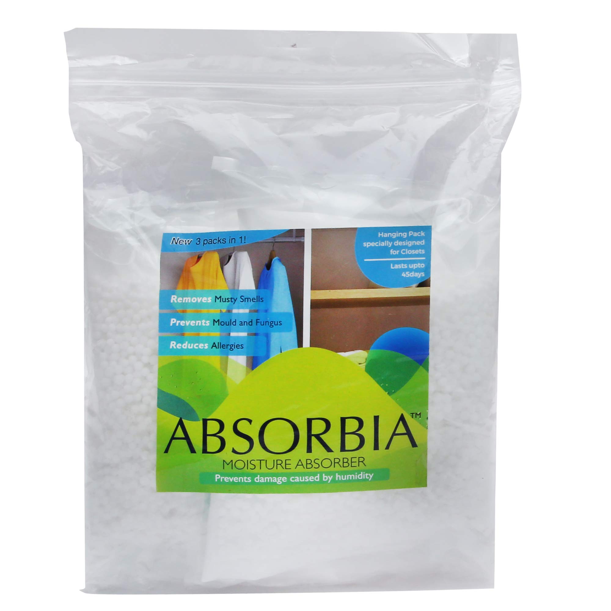 ABSORBIAMoisture Absorber Hanging Pouch | Family Pack of 3 (400ml Each) | Dehumidifier for Wardrobe, Closet & Bathroom| Keeps Clothes Fresh & Crisp | Fights Against Moisture, Mould & Musty Smells…