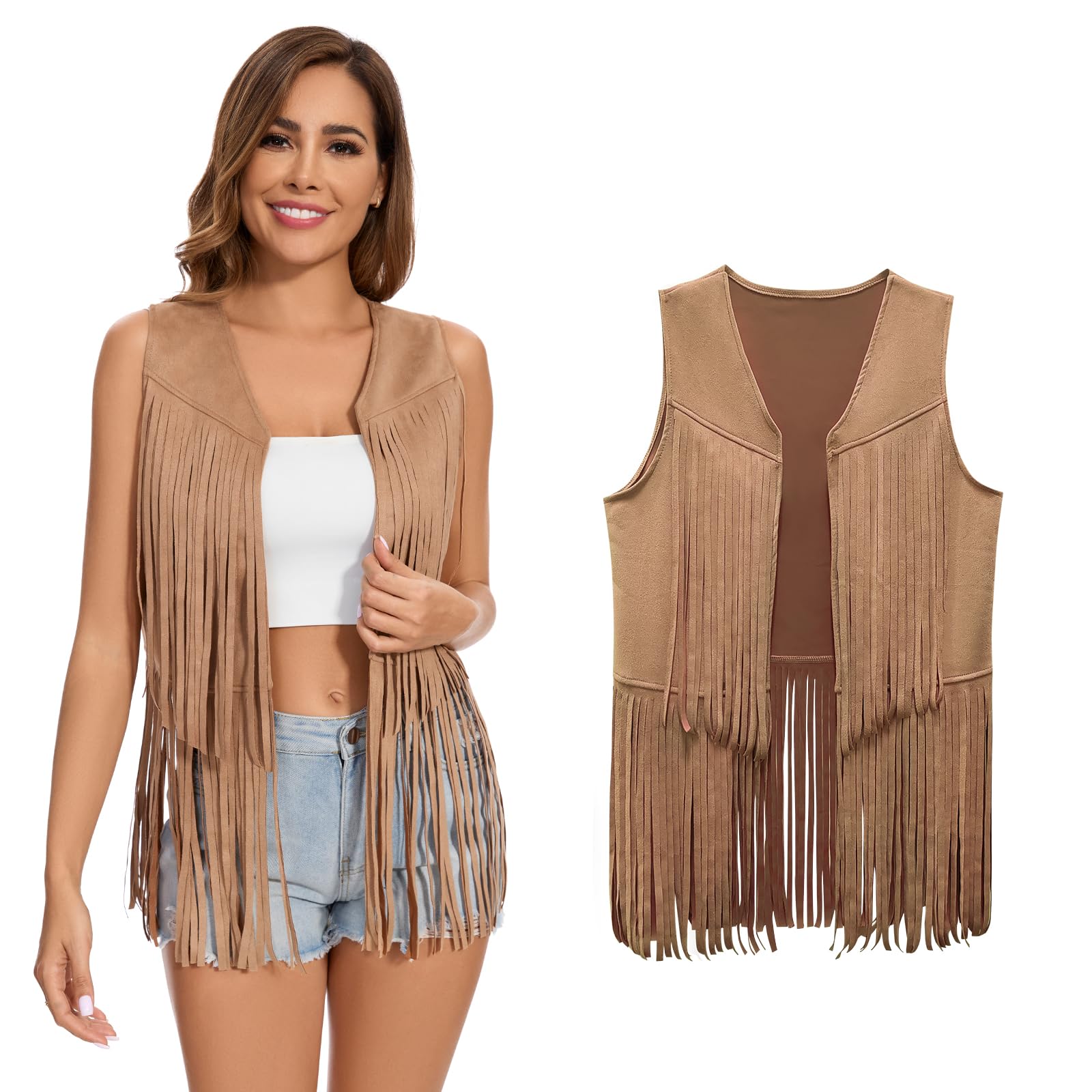 XonyiCos Women's Fringe Vest 70s 60s Hippie Vest Sleeveless Cowgirl Western Faux Suede Tassel Leather Jacket Carnival and Role Play Costumes, M