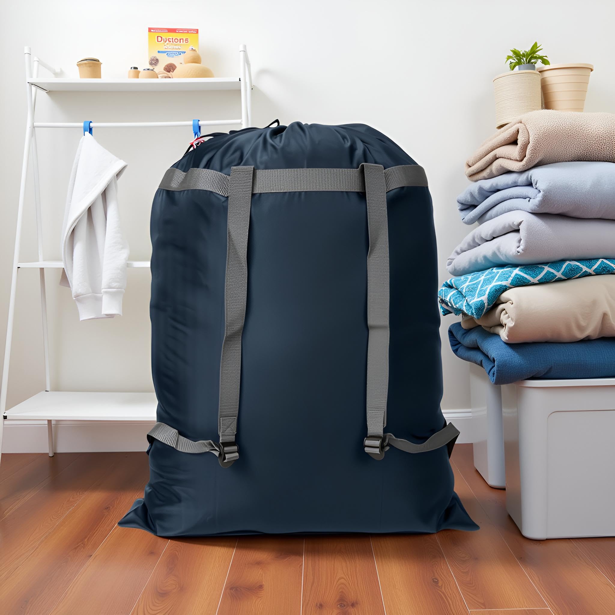 Extra großer Wäschesack-Rucksack, 68.6 x 86.4 cm, robuster und reißfester Polyester-Rucksack mit Kordelzug und Schultergurten, maschinenwaschbar, College, Wohnheim, Wäschesack, Marineblau | Extra großer, robuster, faltbarer Rucksack für Uni, Reisen, Wasch