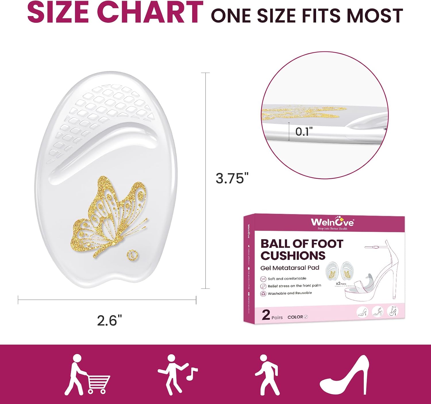 Ball of Foot Cushion Metatarsal Pads - Welnove Non Slip Gel Heel Pads - Heel Cushions to Prevent Toe Sliding, All Day Comfort Shoe Insert Pads for High Heels, Sandals, Wedding, Party (2 Pairs Clear)