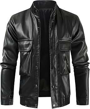 soerte カバーオール Stand collar leather Men's Youth Fashion Fuax Leather Zpper Stand Collar