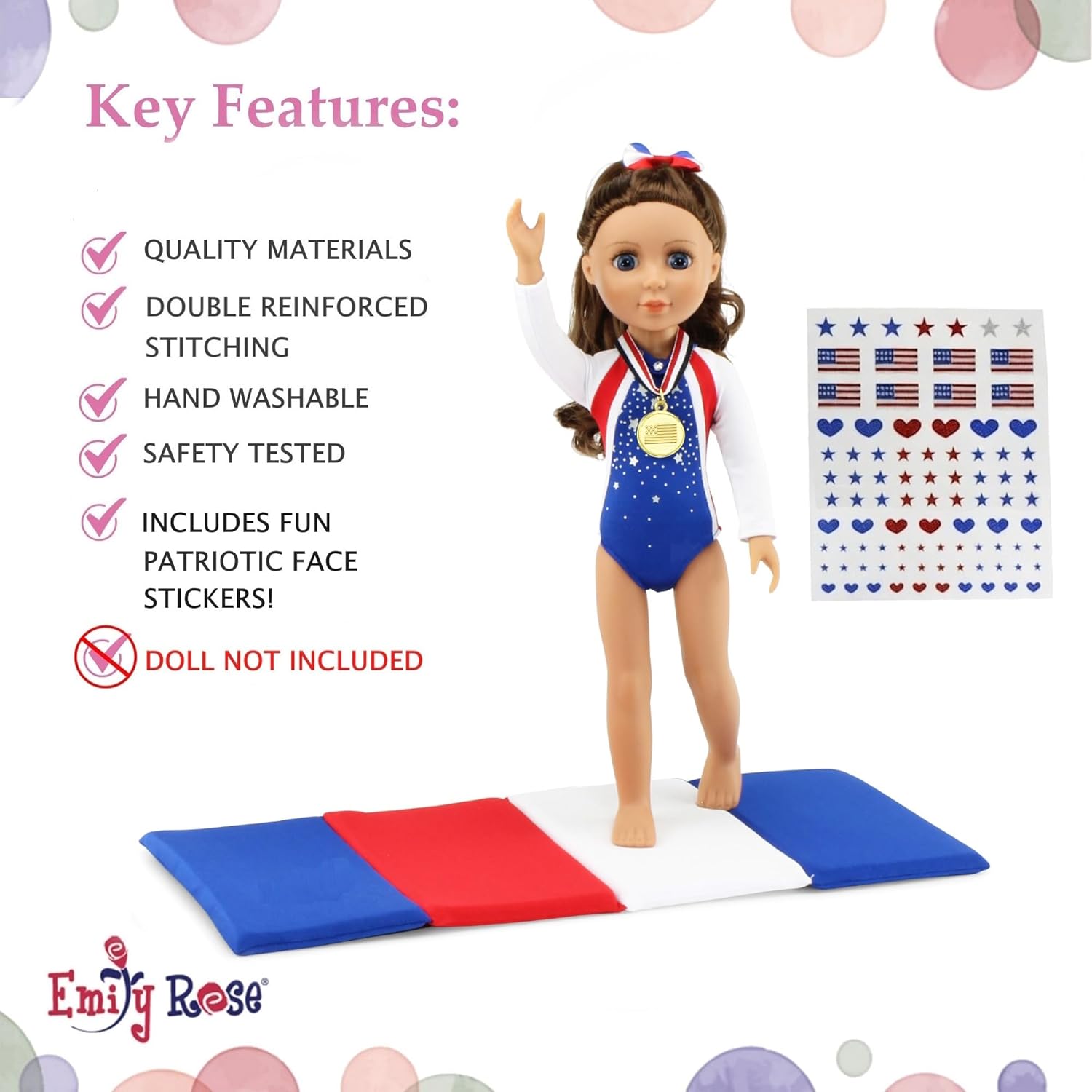 Emily Rose 14" Doll 5-PC Gymnastics Outfit Set with Bejeweled Leotard, Winner Medal & Reusable Stickers | Padded Mat & Hair Tie | Fits WellieWishers & Similar 14-14.5" Hard-Bodied Dolls (NO Doll)