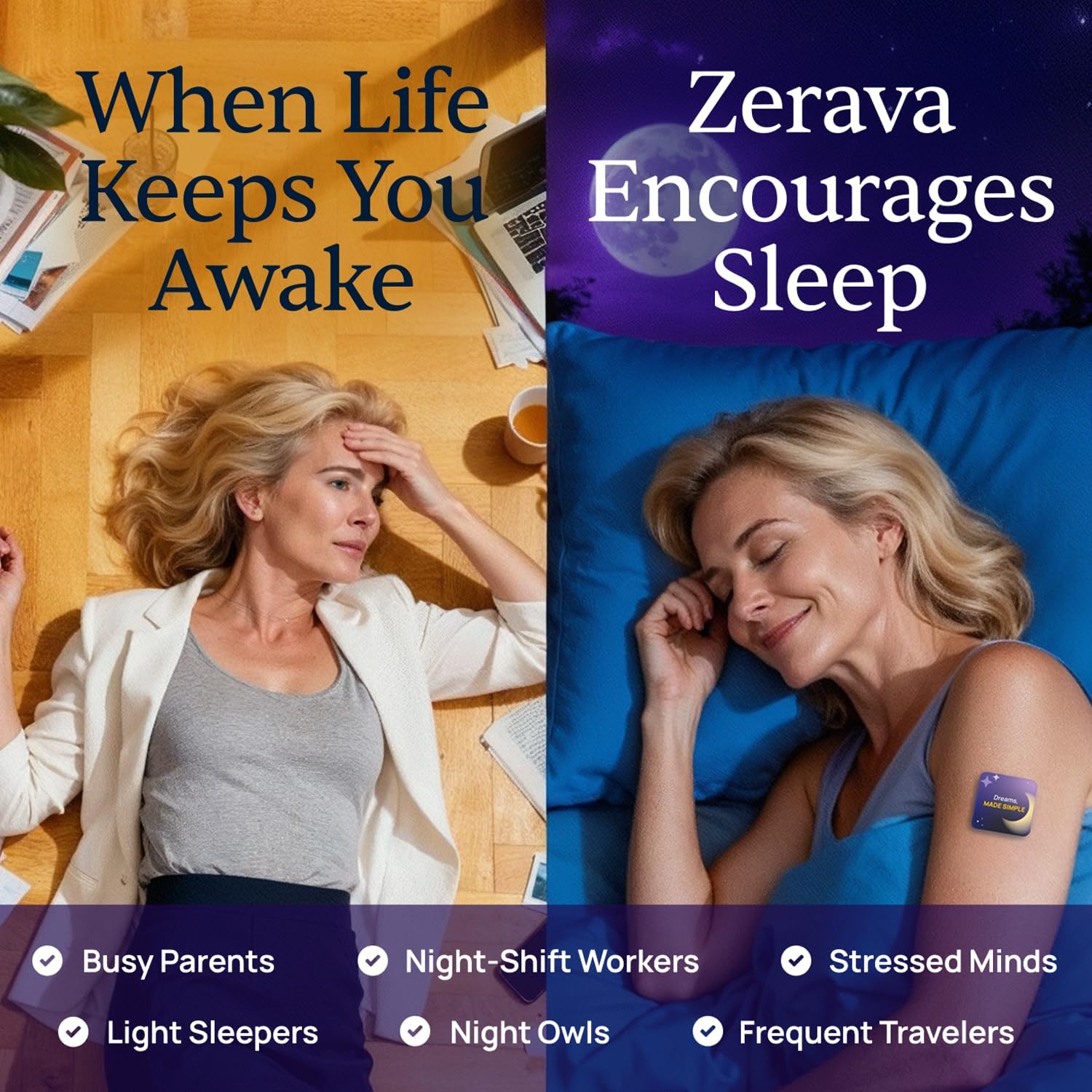 Simple Promise Zerava Sleep Patch for Adults | Bedtime Support for Tired Adults & Busy Parents | Comfort Feel that Holds All Night | 8-Hour Slow Release | Easy On & Off | 28 Patches | Lavender