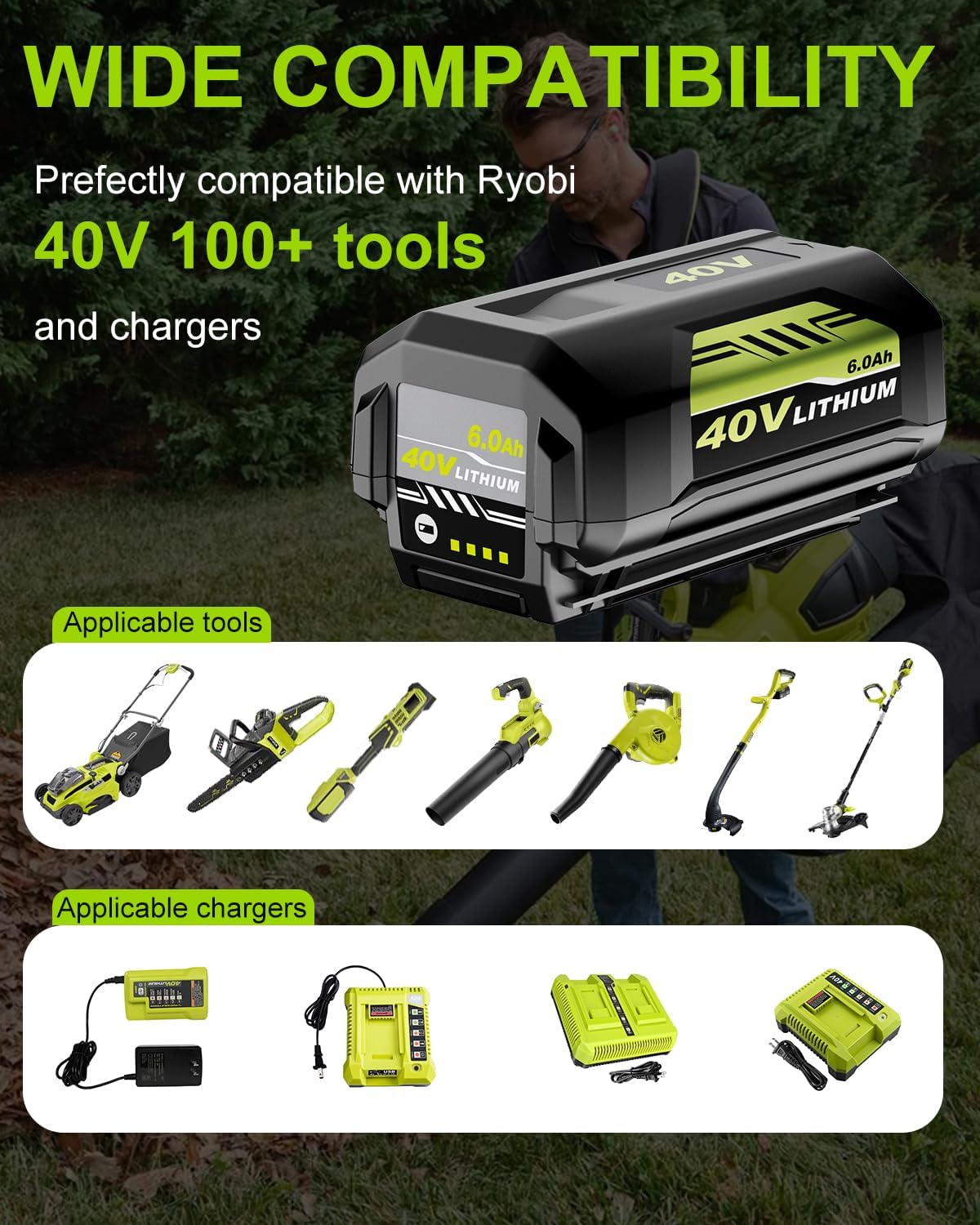 2Pack 6.0Ah Replacement for Ryobi 40V Battery with Charger Compatible with Ryobi Battery and 40 Volt Cordless Tools (Green) - Image 4