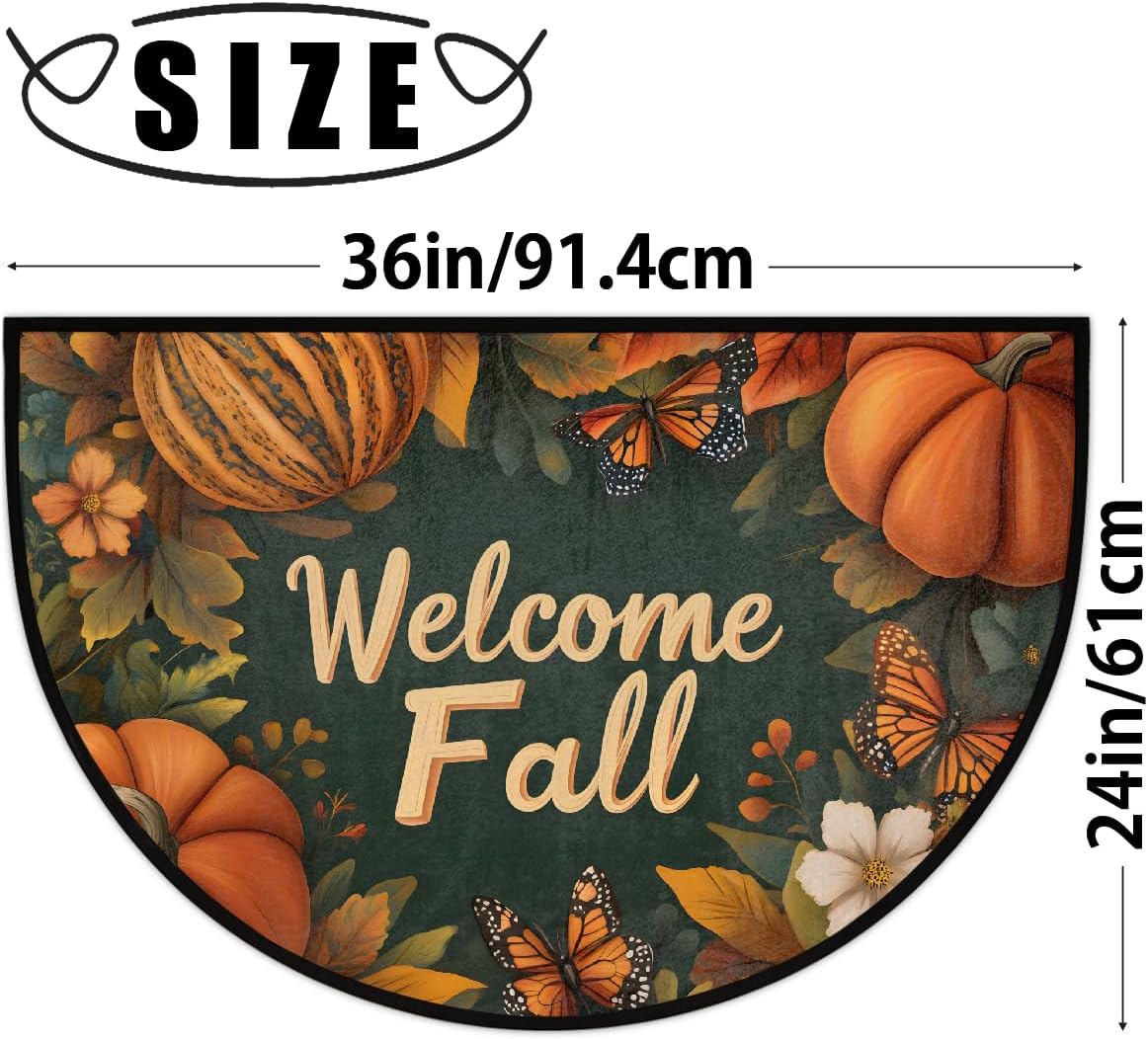 Autumn Pumpkin Letter Decoration Half Round Door Mat Non Slip Washable Semi Circle Area Rug Absorbent Soft Half Moon Rug Floor Mat for Indoor Outdoor Kitchen Bathroom Patio Front Door Mat Decor